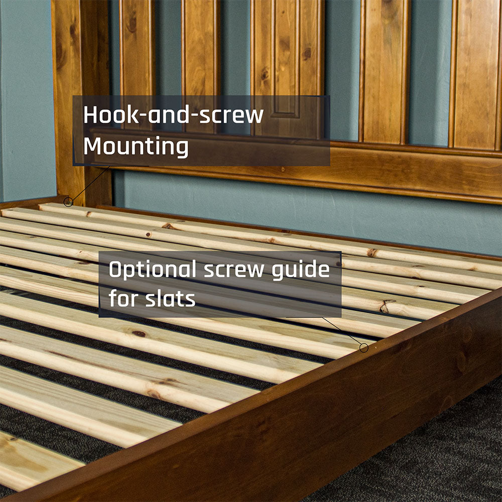 View of the raw wooden slats on the Rimu stained Jamaica King Size Slat Bed Frame