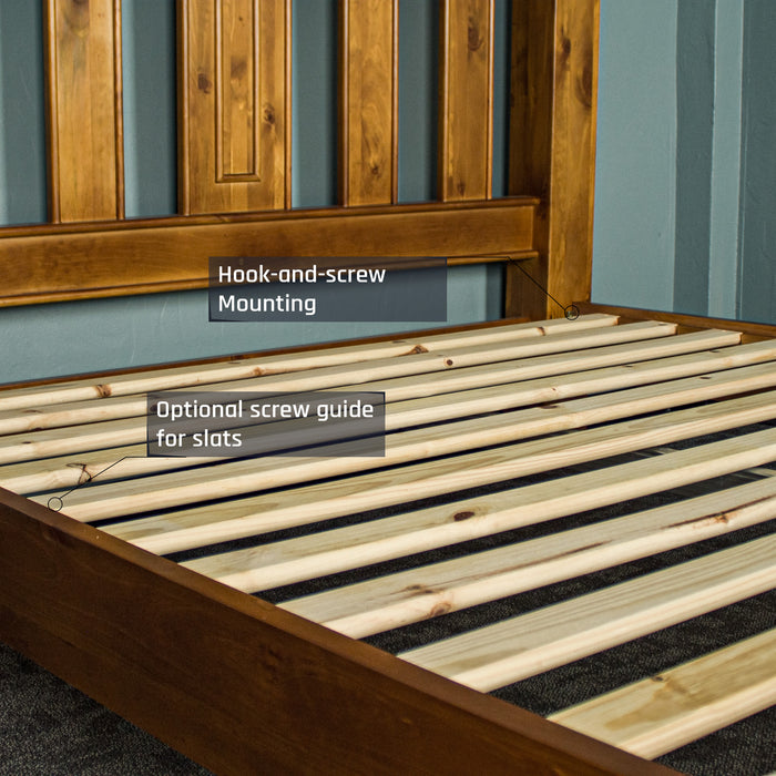 View of the raw wooden slats on the Rimu stained Jamaica Queen Size Slat Bed Frame