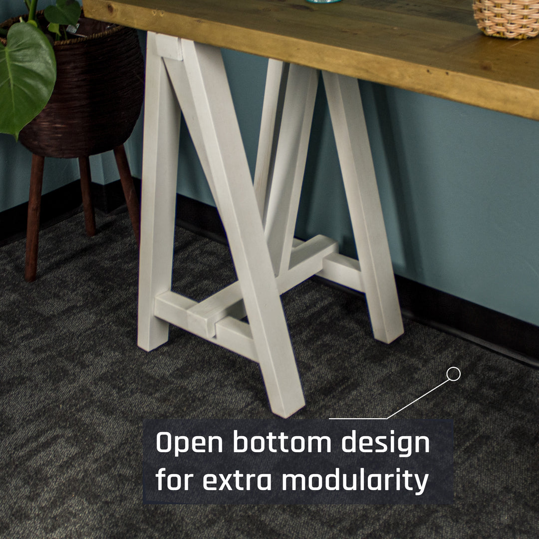 Overall view of the cross legs on the Large Byron Recycled Pine Sofa Table