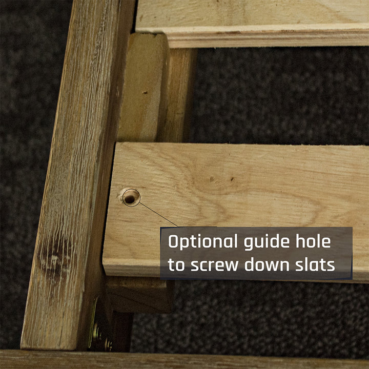 A close up of the slots that securely fasten the slats to the Mars Queen Slat Bed Frame.