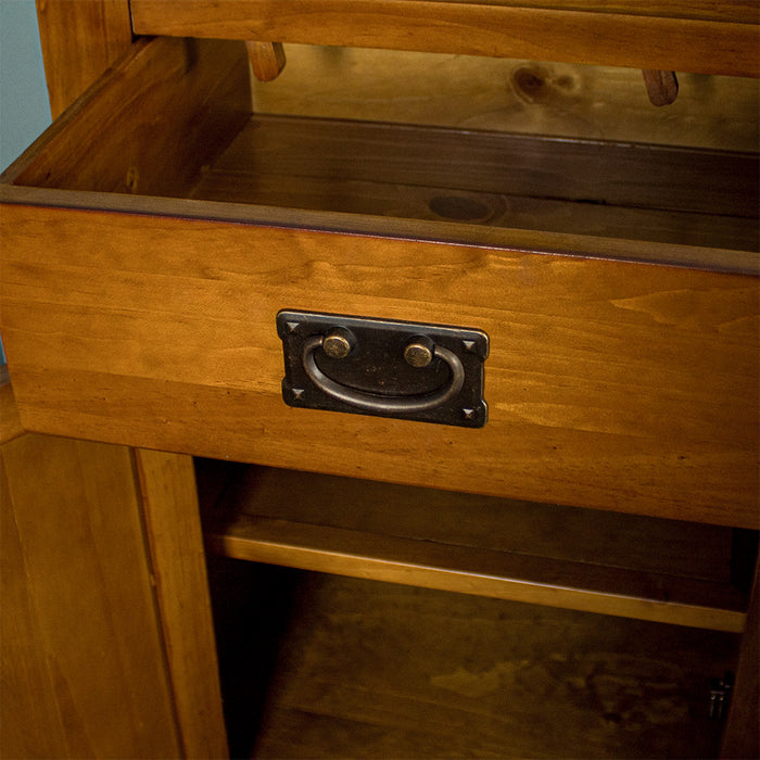 Close up of the black metal handle of the Montreal Rimu Stained Buffet/Sideboard.