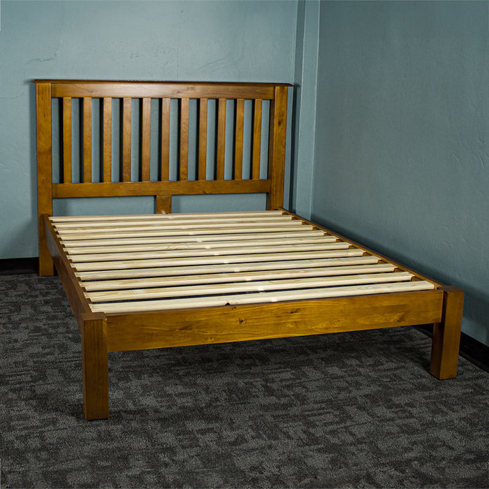 The front of the Trent Double Size NZ Pine Slat Bed Frame.