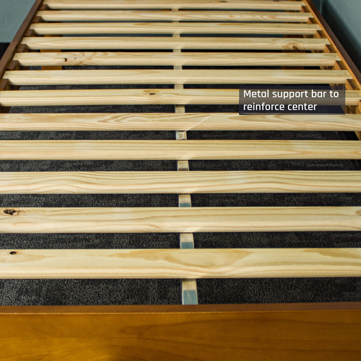 An overall view of the metal support bar underneath the slats of the Trent Single Size NZ Pine Slat Bed Frame.