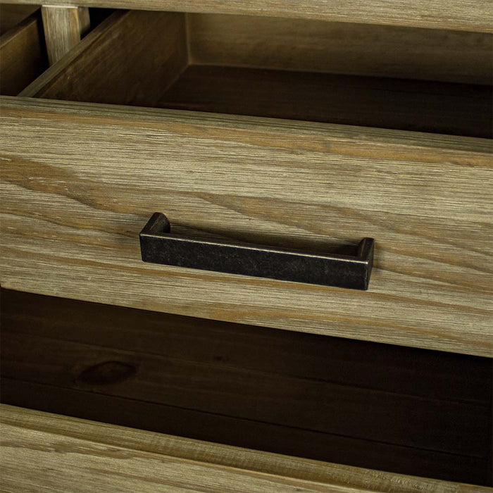 A close up of the brushed black metal handle on the Vancouver 7 Drawer NZ Pine Lowboy