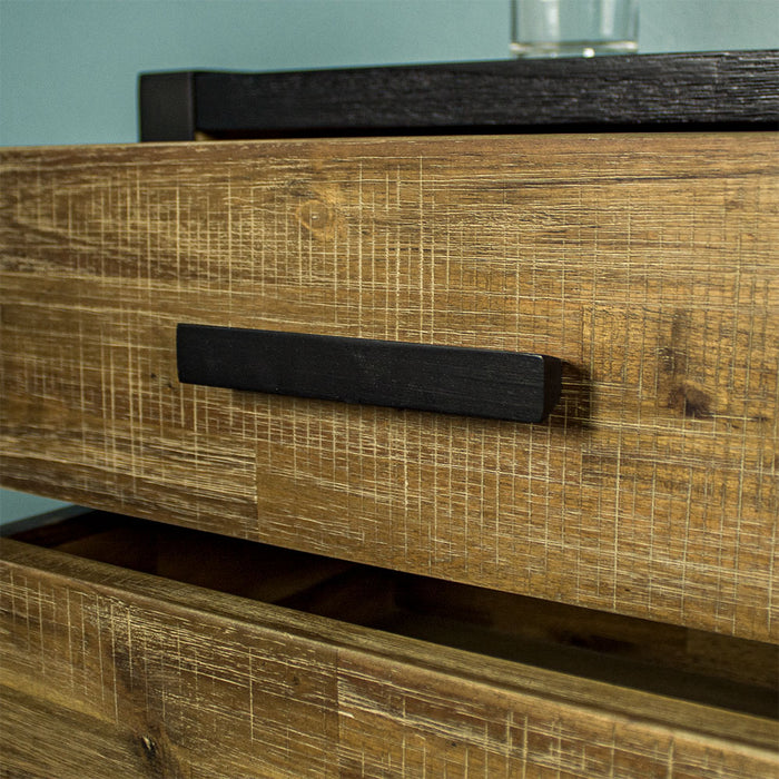 Close up of the black wooden handle on the Victor 3 Drawer Bedside Cabinet