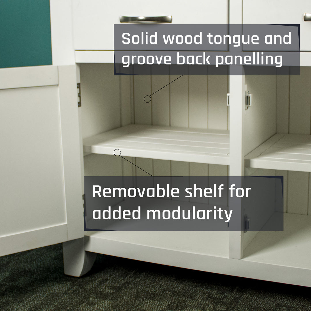 A closer view of the removeable shelving in the Felixstowe Large Pine White Buffet.