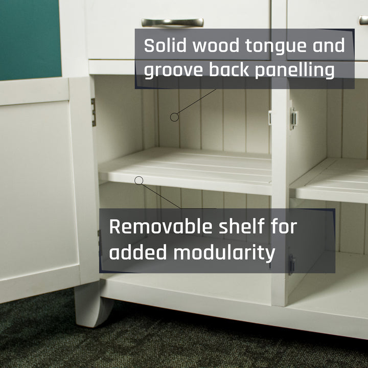 A closer view of the removeable shelving in the Felixstowe Large Pine White Buffet.
