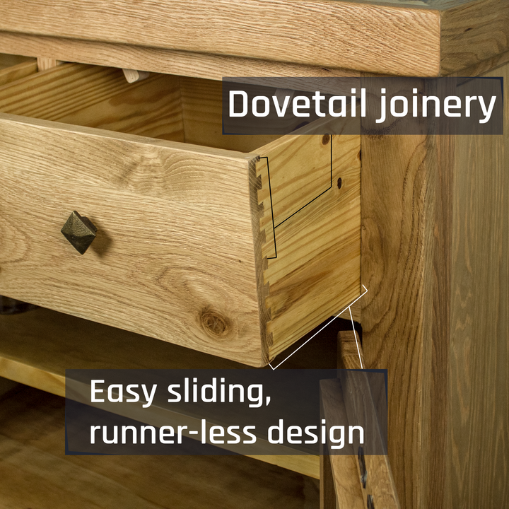 A close up of the dovetail joinery on the drawers of the Maximus Small Oak Buffet.