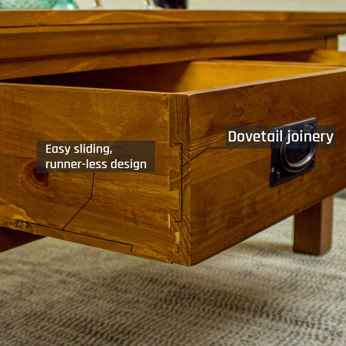 A close up of the dovetail joinery on the drawers of the Montreal Coffee Table with 2 Drawers.