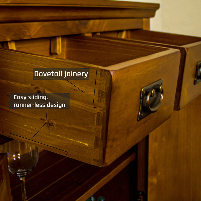A close up on the dovetail joinery on the drawers of the Montreal Small Pine Buffet.