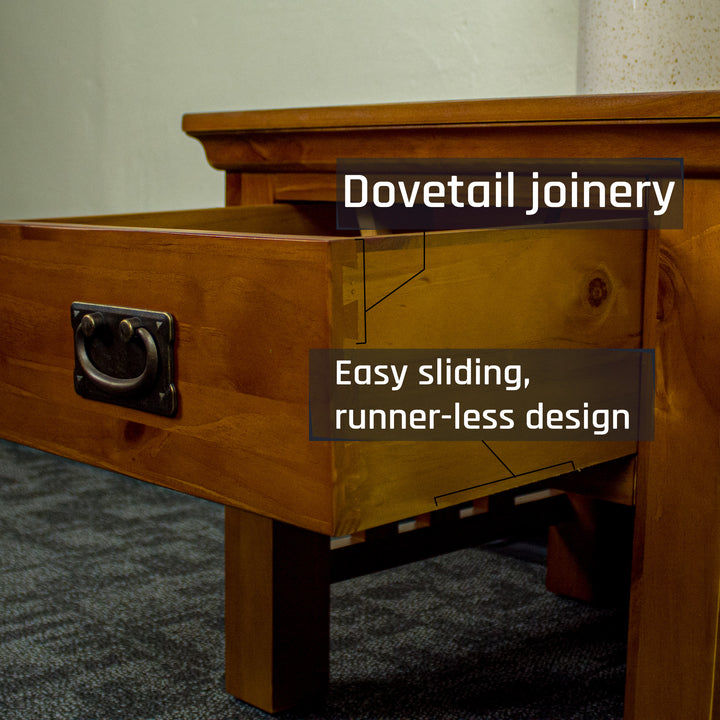 A close up of the dovetail joinery on the drawers of the Montreal Pine Lamp Table.