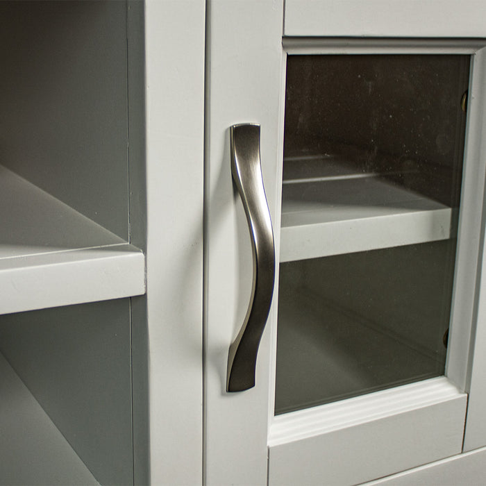 A close up of the silver metal handle on the Felixstowe 2 Door Entertainment Unit (White).