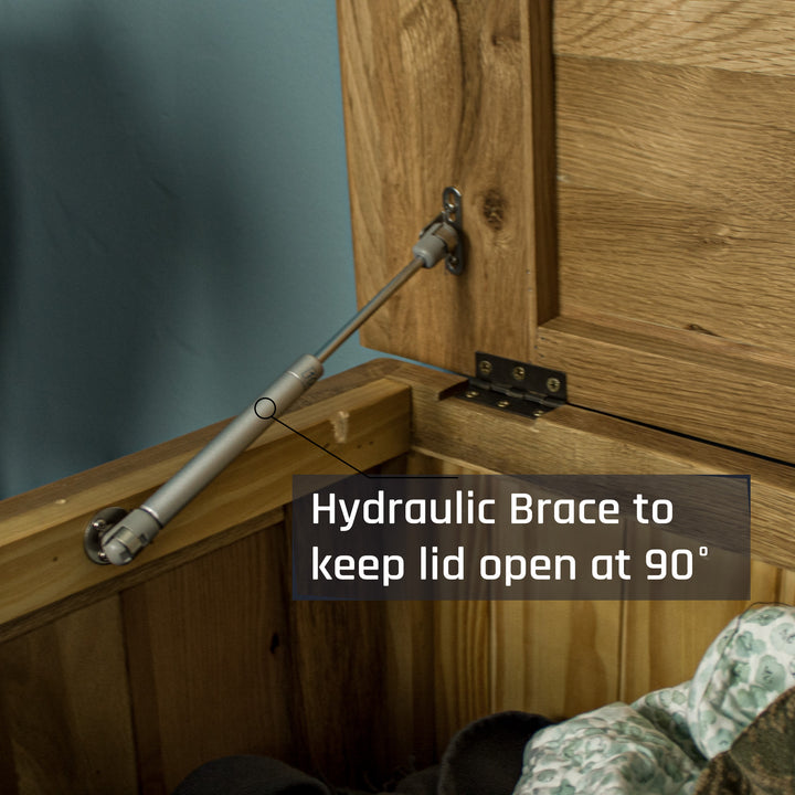A close view of the strong hinge that holds the door of the Camden Oak Blanket Box open.