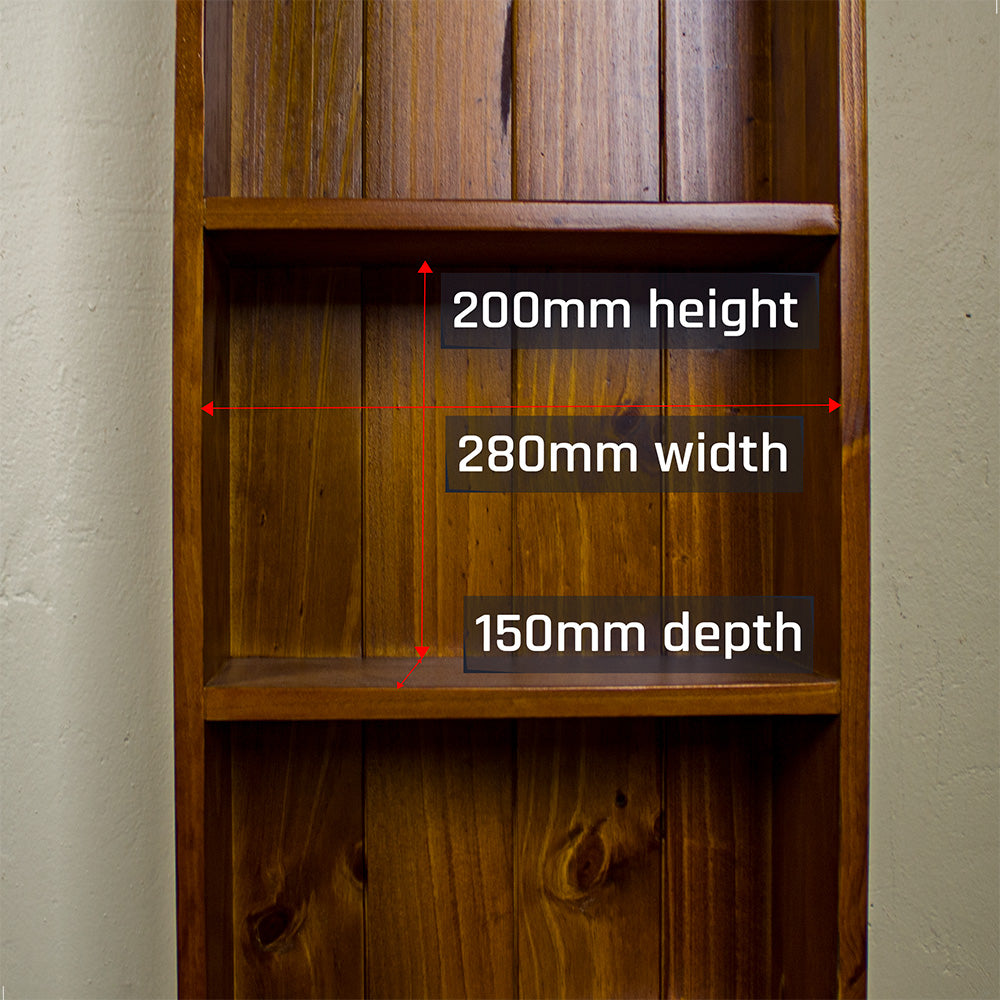 An overall view of the shelving on the Montreal Pine DVD Rack.