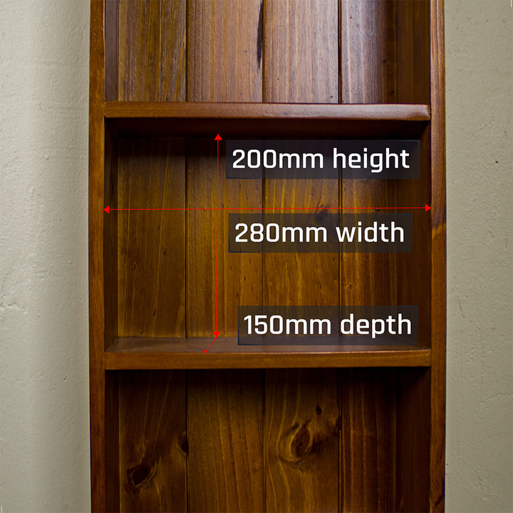 An overall view of the shelving on the Montreal Pine DVD Rack.
