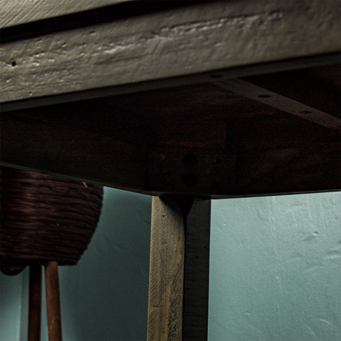 Close up of the bolts/screws under the Stonemill Recycled Pine Coffee Table, which hold the legs in place.