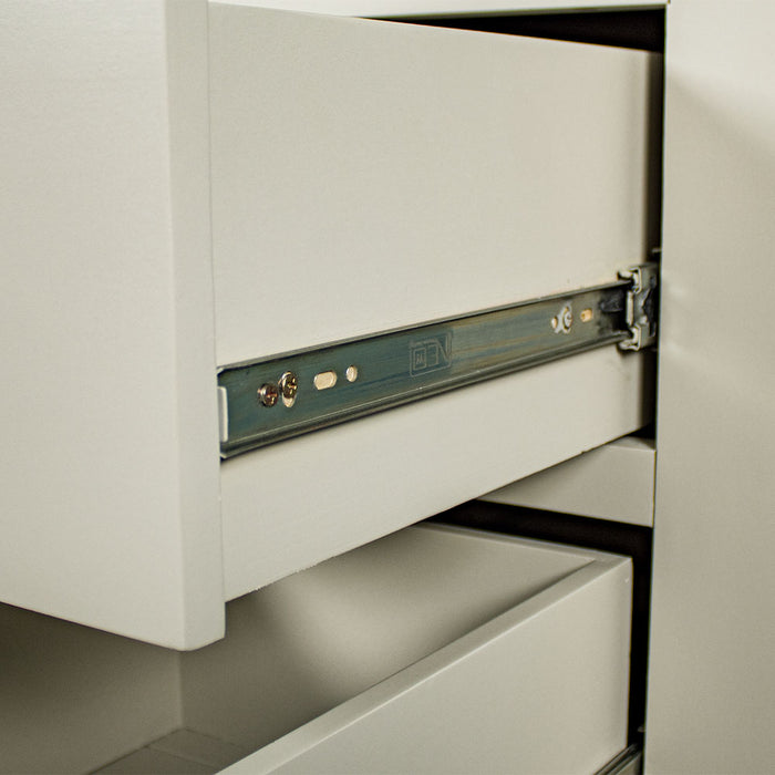 A close up of the metal runners on the drawers of the Alton Entertainment Unit.