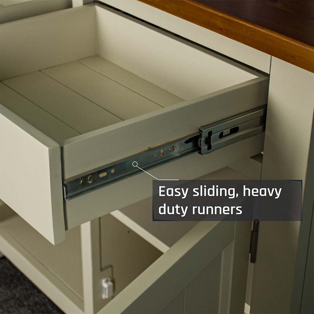A close up of the metal runners on the side of the drawers on the Alton 2 Door 2 Drawer NZ Pine Buffet.