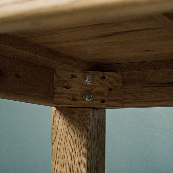 A close up of the bolts that securely hold the legs of the Amstel Square Oak Coffee Table to the body.