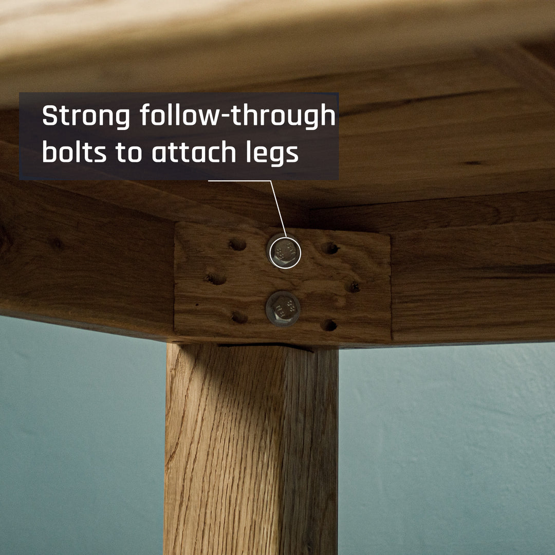 A close up of the bolts that securely hold the legs of the Amstel Square Oak Coffee Table to the body.