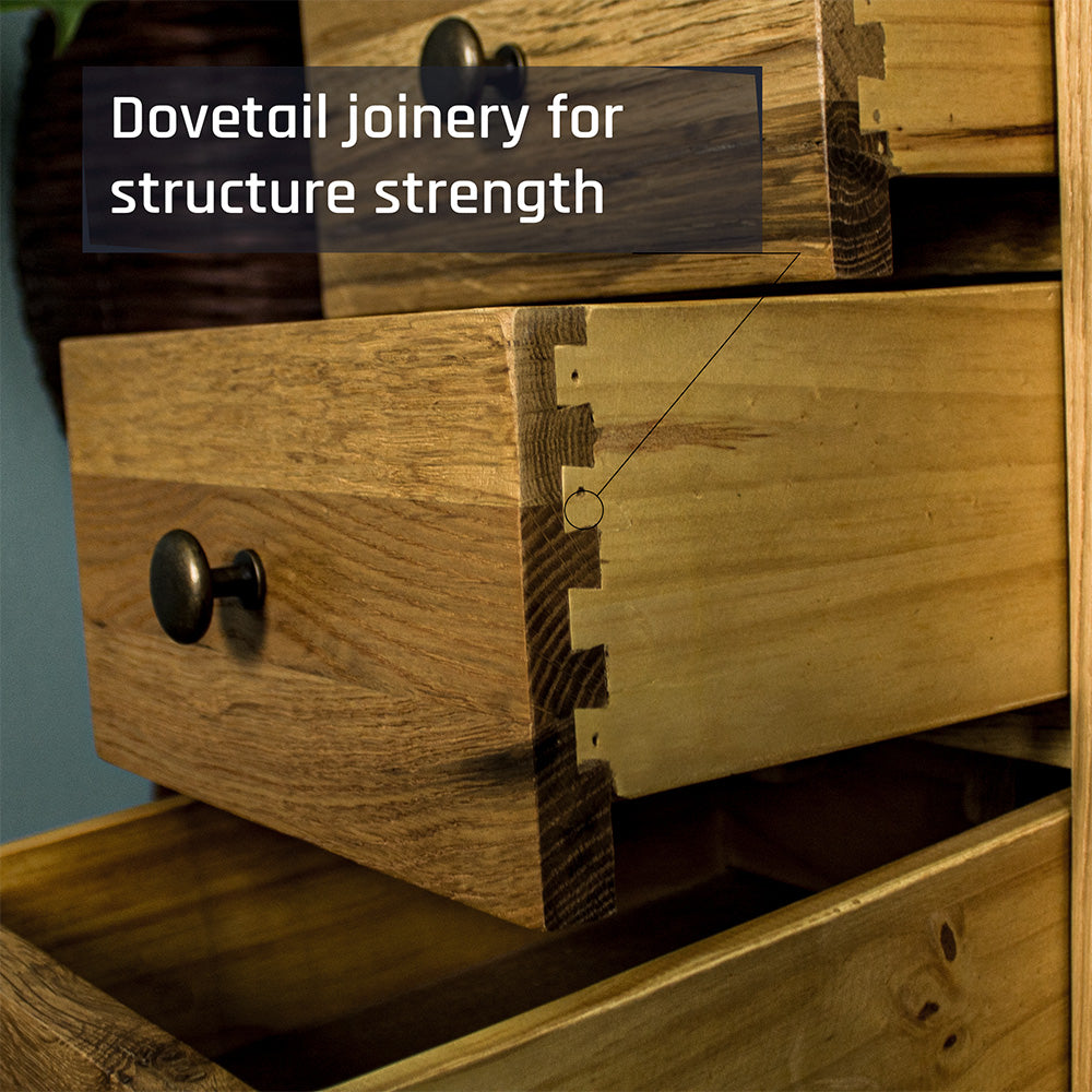 Close up on the dovetail joinery of the drawers on the Beethoven 3 Drawer Oak Bedside Cabinet