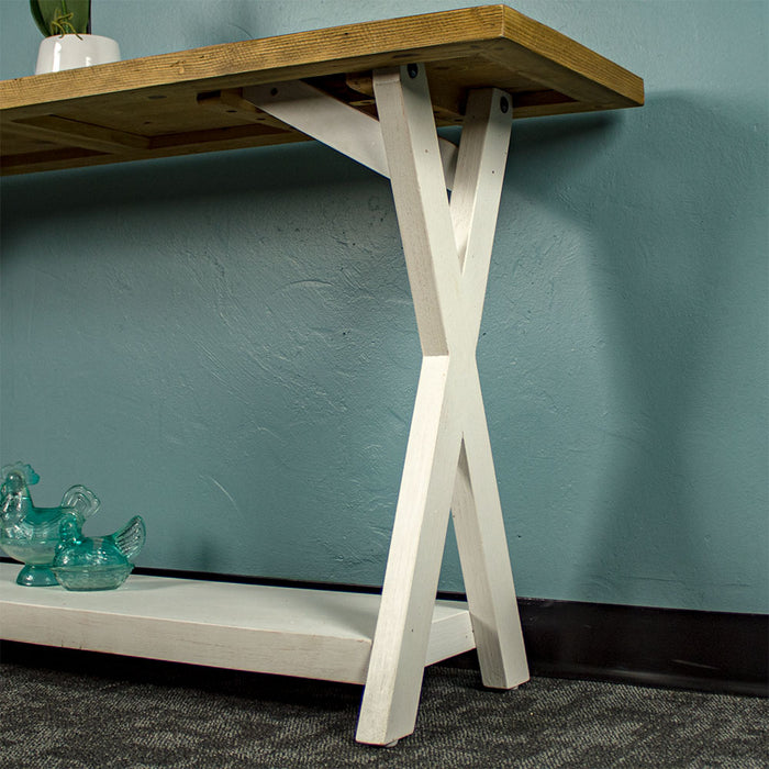 Overall view of the cross legs and support bar for the Byron Recycled Pine Console Table.