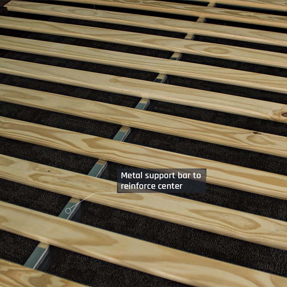 A close view of the slats of the Cascais Oak Top Double Bed Frame, with the metal support beam running underneath.
