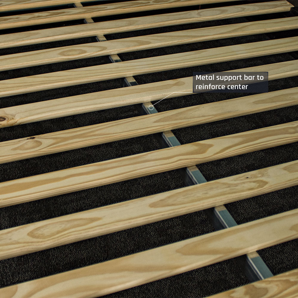 A close up of the metal support beam that runs through the center of the bed frame and underneath the slats.