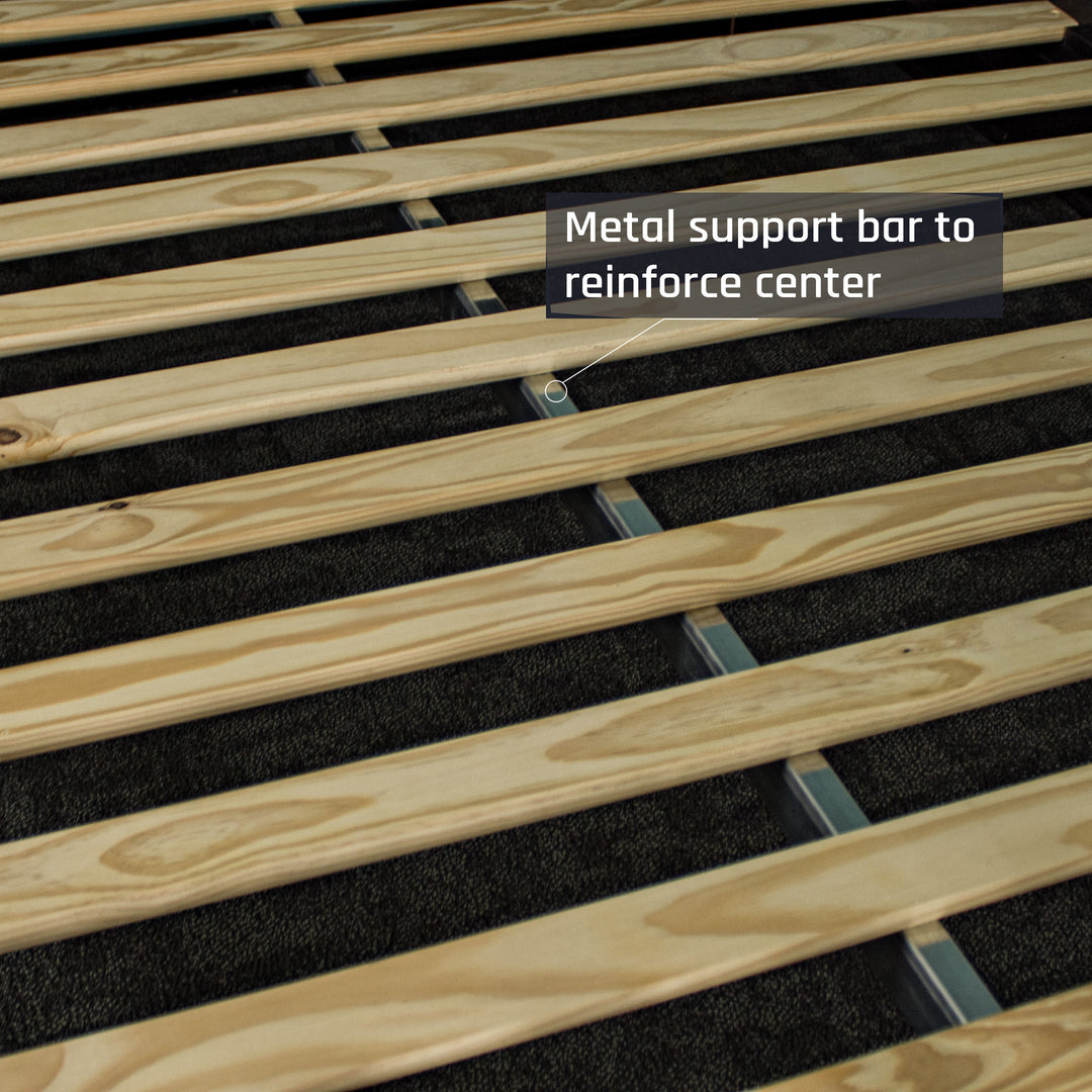A close up of the metal support beam that runs through the center of the bed frame and underneath the slats.