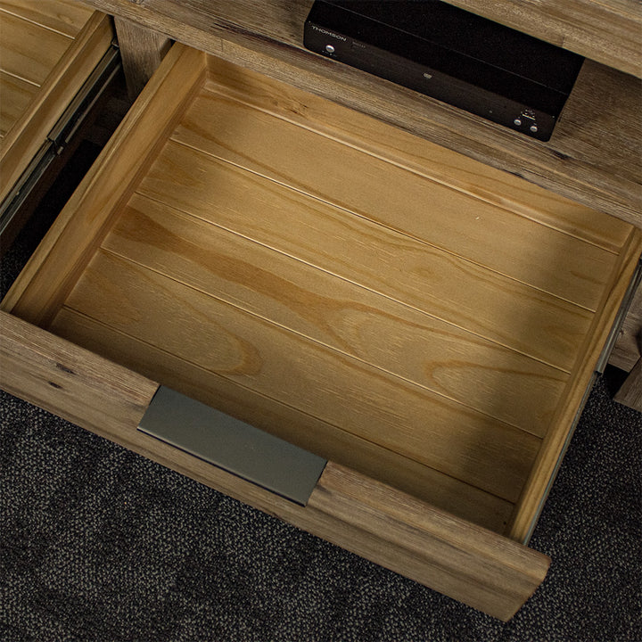 An overall view of the tongue-and-groove panelled drawer on the Mars 1.8m Large TV Unit.