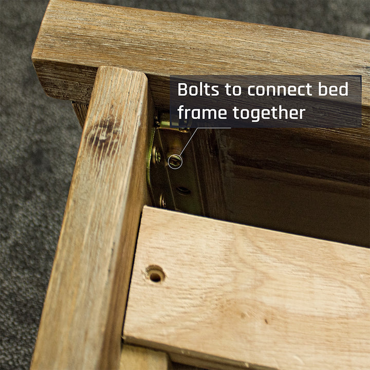 A close up of the bolts that secure the Mars King Single Slat Bed Frame together.