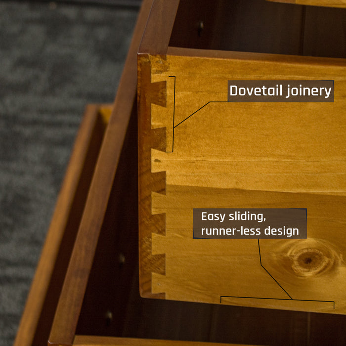 A close up of the dovetail joinery on the drawers of the Montreal Five Drawer Pine Tallboy.