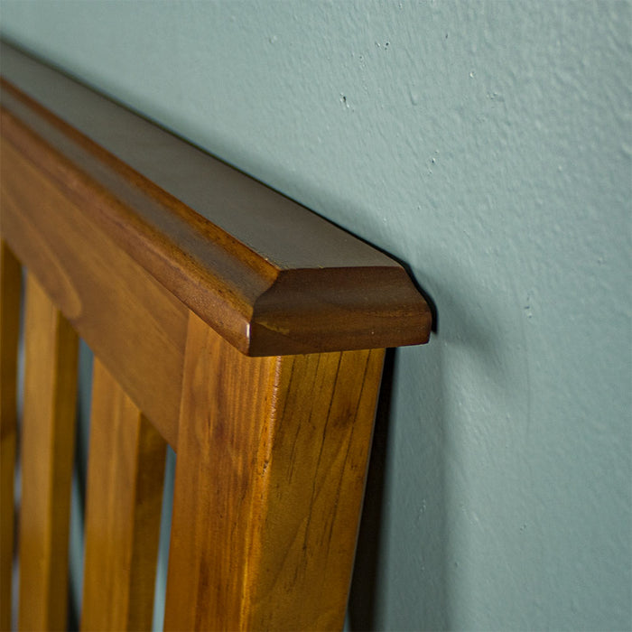 Close up of the corner on the Rimu stained New Quebec Single Size Pine Headboard
