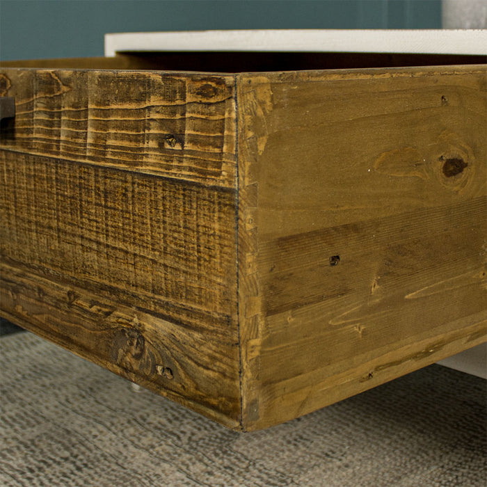 Close up of the dovetail joining on the drawer of the Nova Recycled Pine Coffee Table