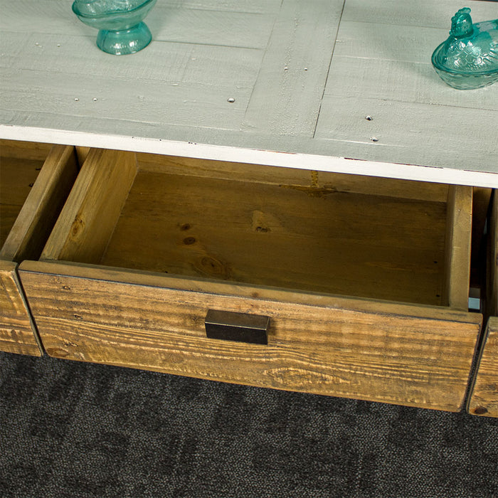 A view of the drawer inside of the Nova Recycled Pine Console Table
