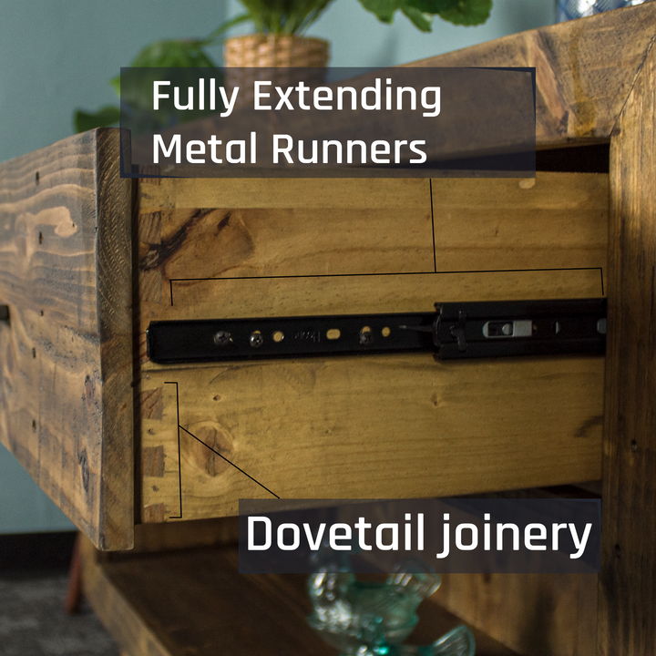 Metal sliding runners and dovetail joining of the Paddington Recycled Pine Buffet / Hall Table 