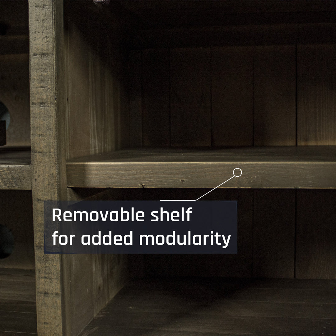 A close up of the removable shelf on the sides of the Stonemill Recycled Pine TV Unit 
