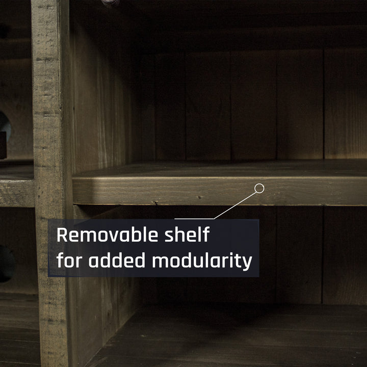 A close up of the removable shelf on the sides of the Stonemill Recycled Pine TV Unit 