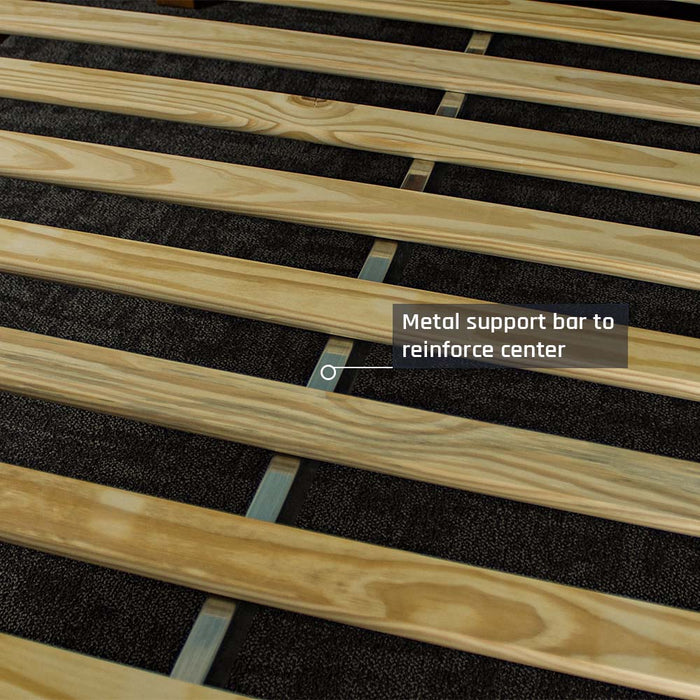 A close view of the metal support beam that runs underneath the slats of the Trent Double Size NZ Pine Slat Bed Frame.