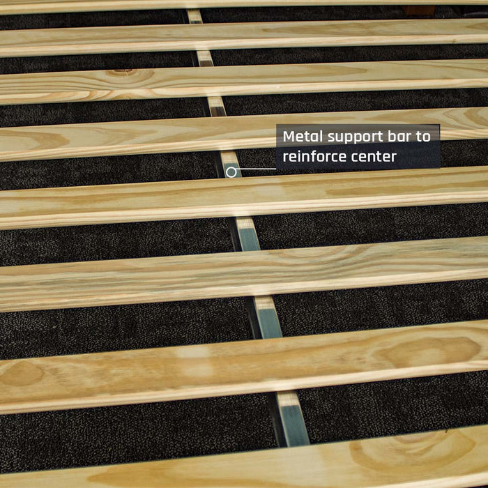 A closer view of the metal support beam that runs underneath the slats of the Trent Queen Size NZ Pine Slat Bed Frame.