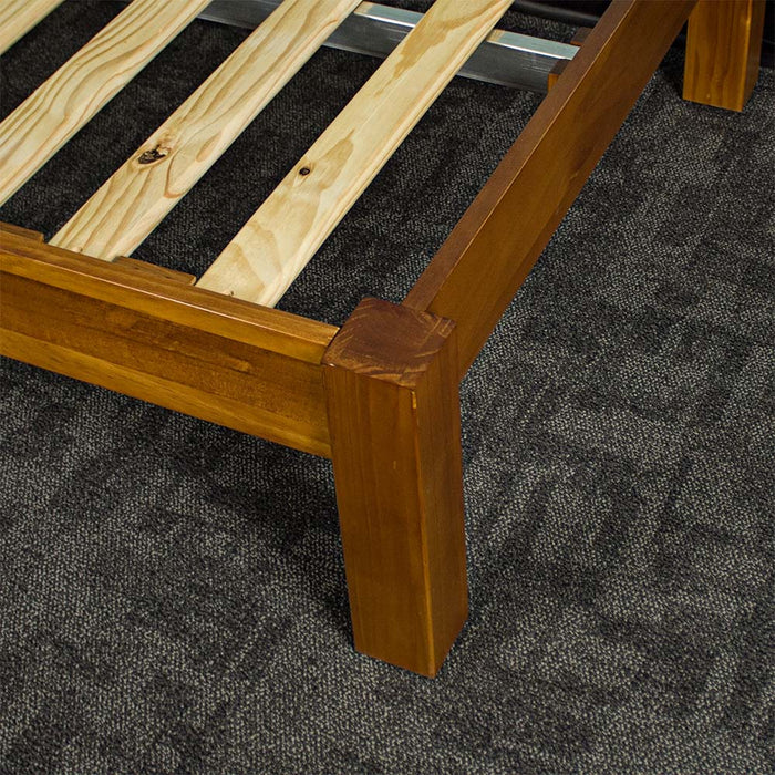 A closer view of the legs on the Trent Single Size NZ Pine Slat Bed Frame