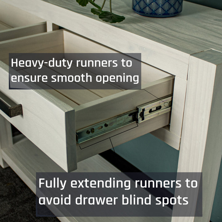 Close up of the metal runners on the drawer of the Vancouver 2 Drawer White Pine Hall Table