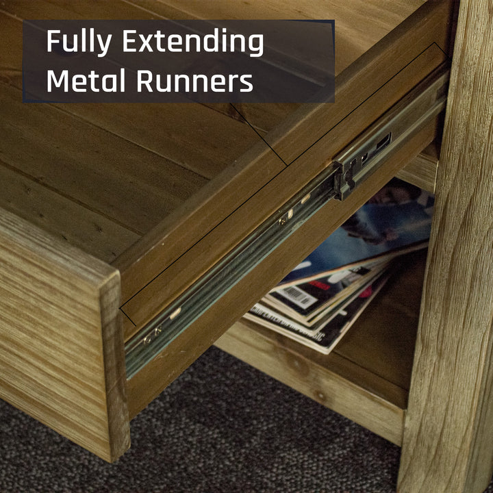 A close up of the smooth metal runners on the drawer of the Vancouver 1 Drawer Lamp Table.