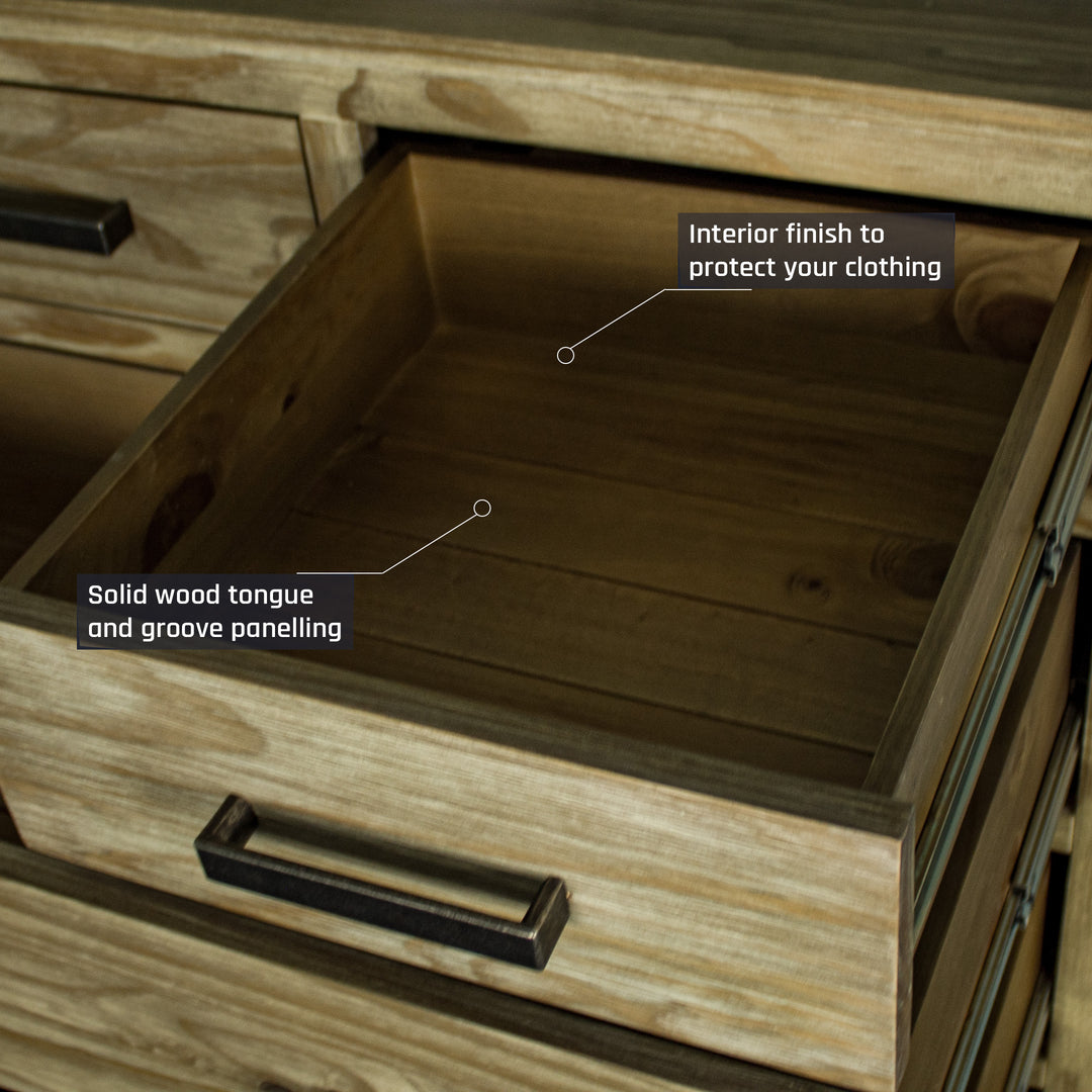 An overall view of the smaller drawers on the Vancouver 6 Drawer NZ Pine Tallboy