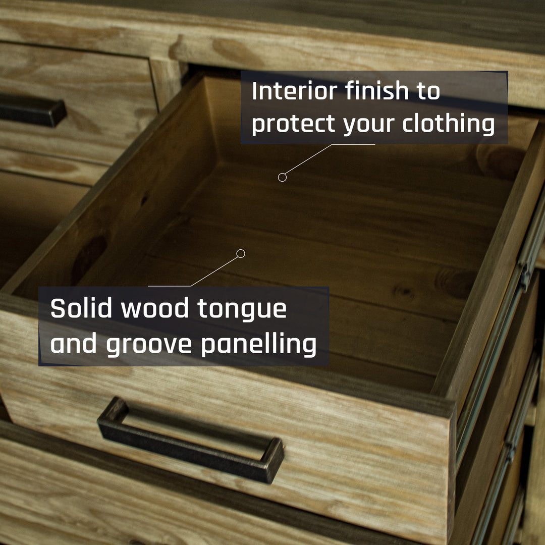 An overall view of the smaller drawers on the Vancouver 6 Drawer NZ Pine Tallboy
