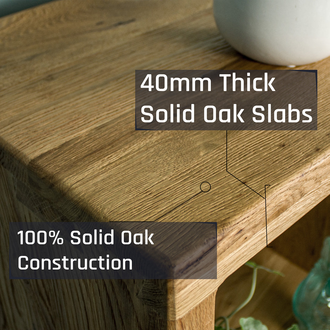 A close up of the top of the Vancouver Value Double Cube Oak Shelf showing the wood grain and the dovetail joinery