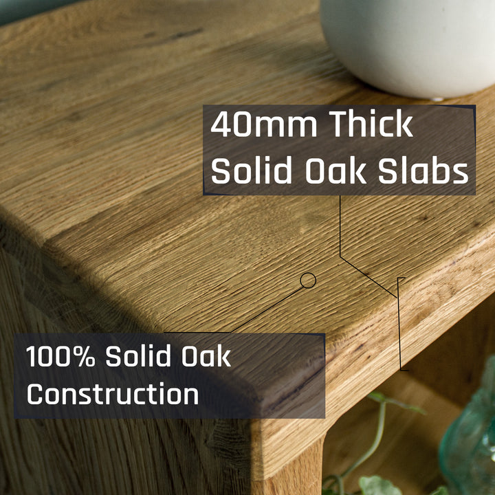 A close up of the top of the Vancouver Value Double Cube Oak Shelf showing the wood grain and the dovetail joinery