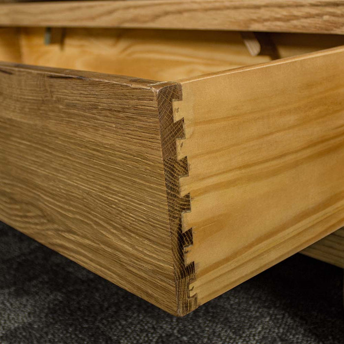 A close up of the dovetail joinery on the drawers of the Vancouver Value Oak Entertainment Unit.