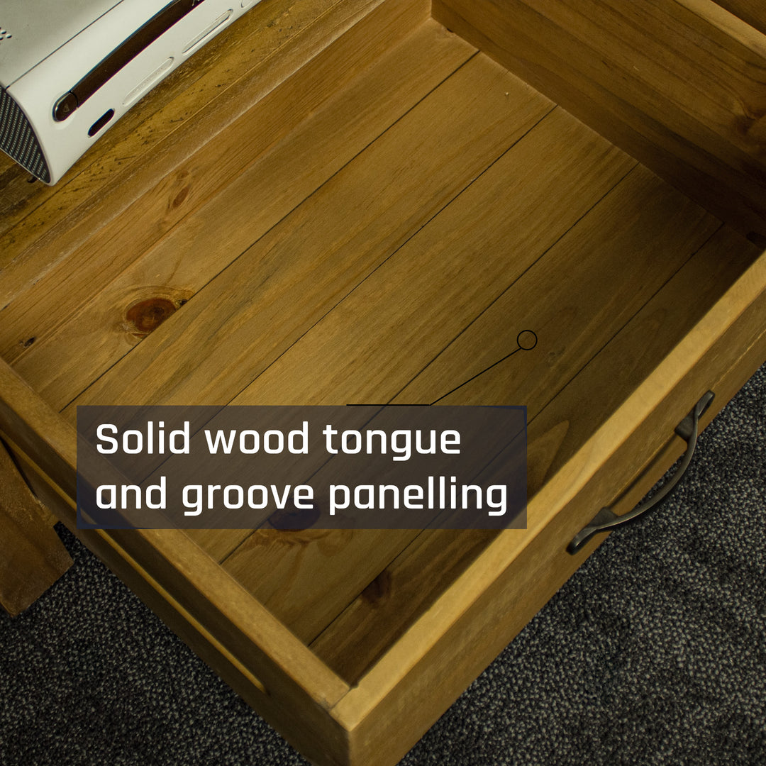 An overall view of the drawer on the Ventura Two Drawer Recycled Pine TV Unit.