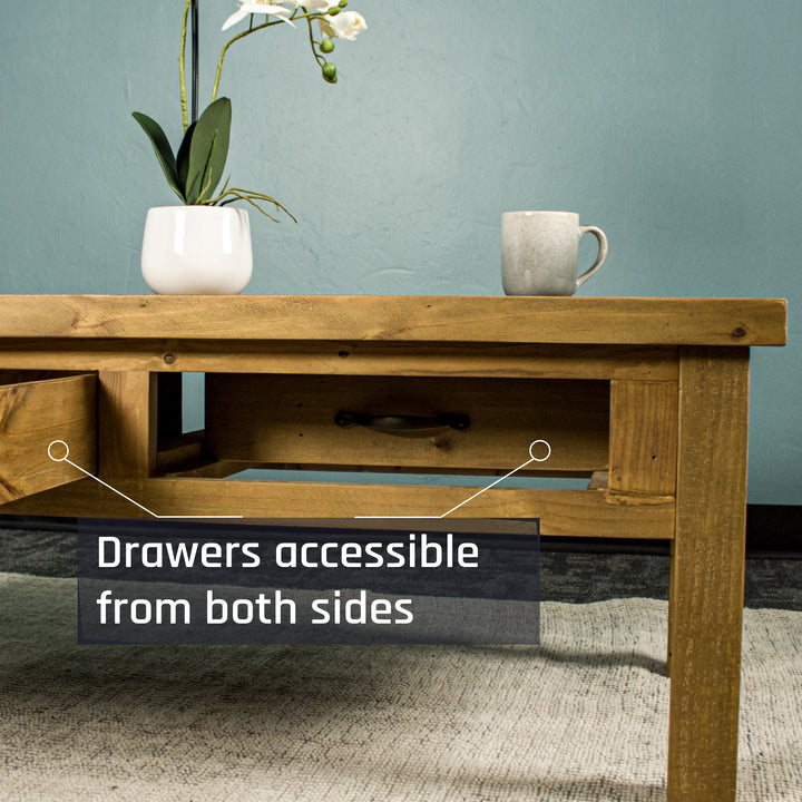 The drawers on the Ventura Recycled Pine Coffee Table can be opened from either side.